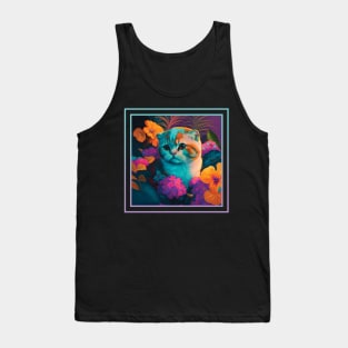 Adorable Scottish Fold Cat Vibrant Tropical Flower Digital Oil Painting Portrait Tank Top